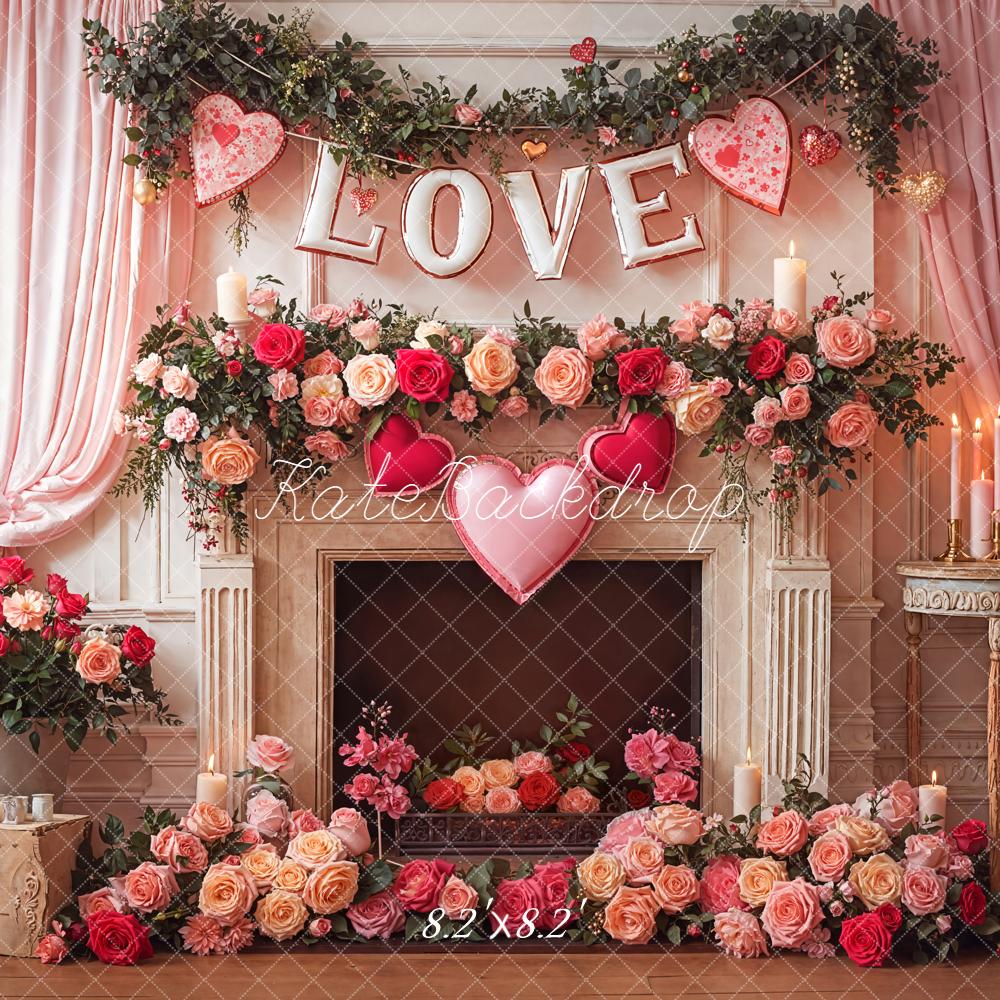 Kate Valentine Love Fireplace Roses Garland Backdrop Designed by Emetselch - Image 5