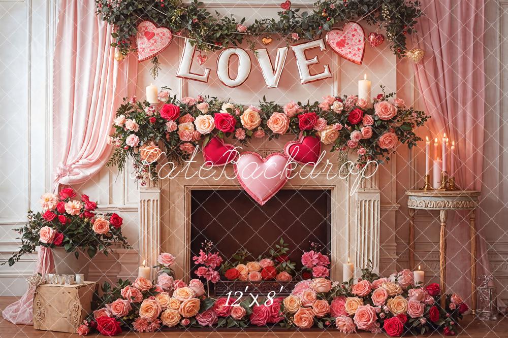 Kate Valentine Love Fireplace Roses Garland Backdrop Designed by Emetselch - Image 8
