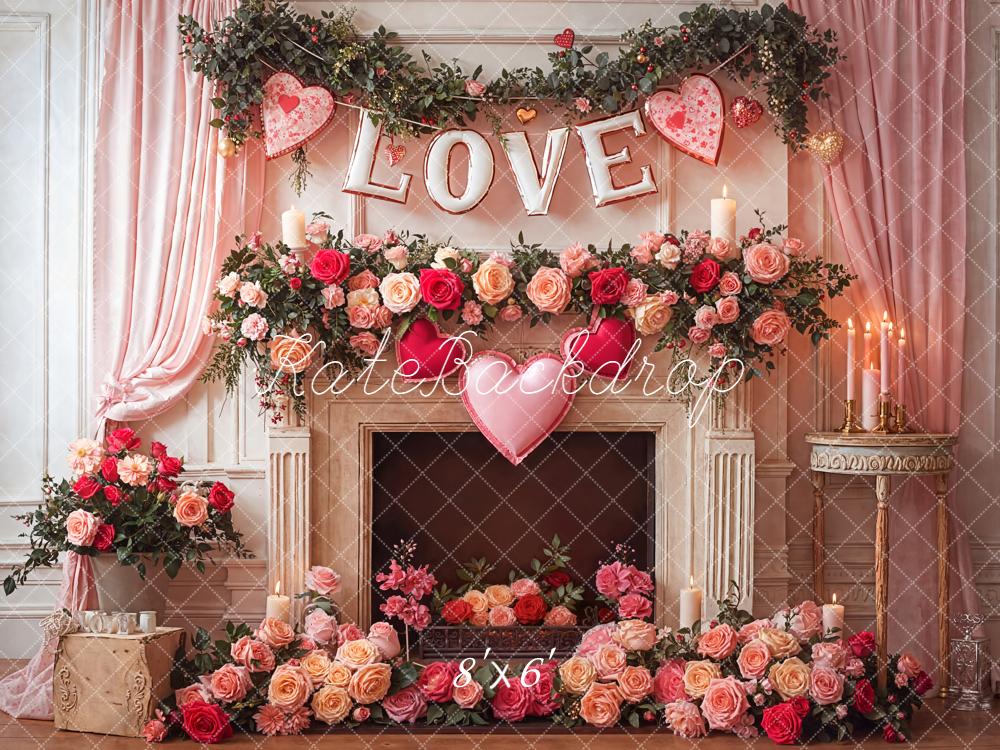 Kate Love Hearts Roses Fireplace Fleece Backdrop Designed by Emetselch