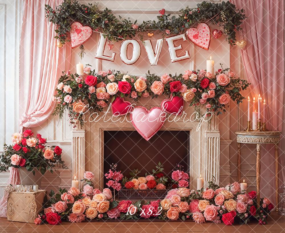 Kate Love Hearts Roses Fireplace Fleece Backdrop Designed by Emetselch - Image 3