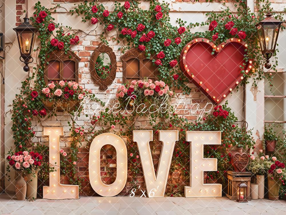 Kate Valentine Love Red Roses Heart Brick Wall Backdrop Designed by Emetselch - Image 3