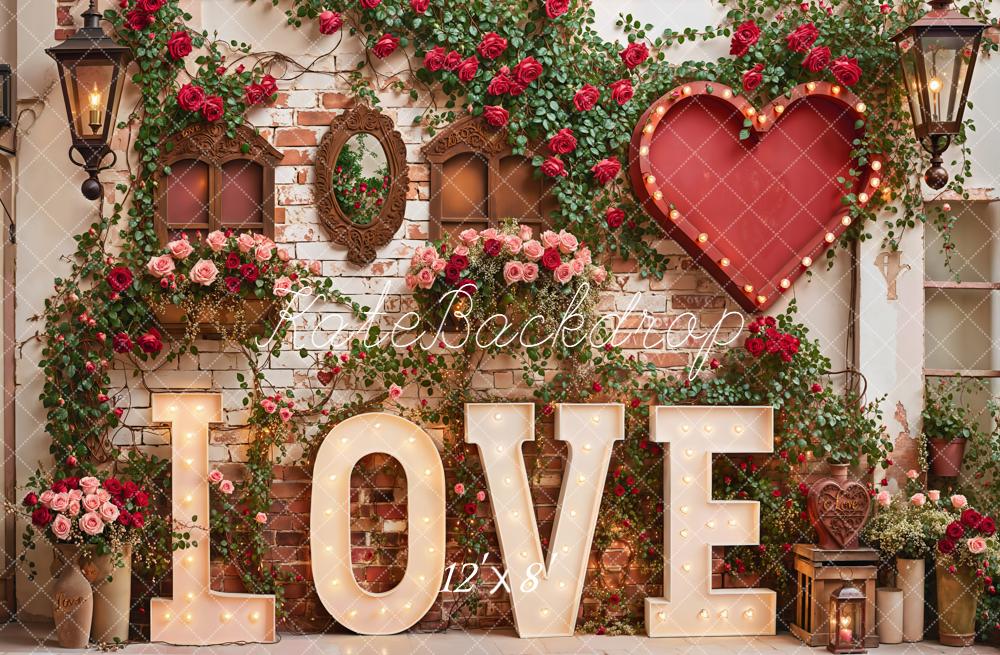 Kate Valentine Love Red Roses Heart Brick Wall Backdrop Designed by Emetselch - Image 8
