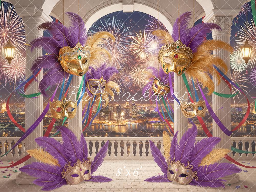 Kate Masquerade Masks Feathers Fireworks Balcony Backdrop Designed by Chain Photography - Image 3