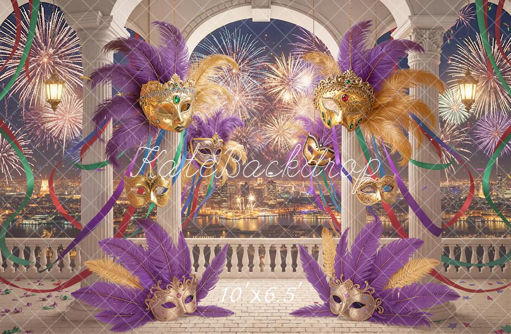 Kate Masquerade Masks Feathers Fireworks Balcony Backdrop Designed by Chain Photography - Image 4