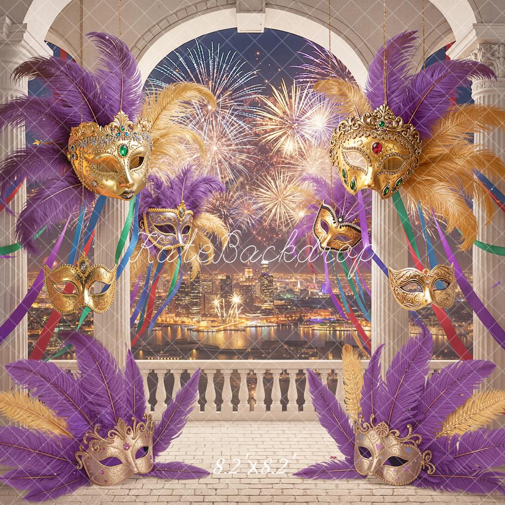 Kate Masquerade Masks Feathers Fireworks Balcony Backdrop Designed by Chain Photography - Image 5