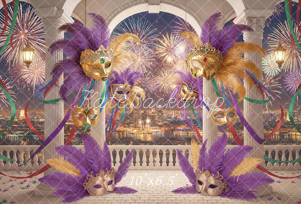 Kate Masquerade Masks Feathers Fireworks Columns Fleece Backdrop Designed by Chain Photography - Image 2