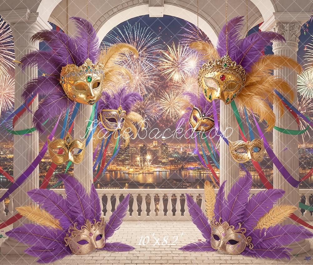 Kate Masquerade Masks Feathers Fireworks Columns Fleece Backdrop Designed by Chain Photography - Image 3