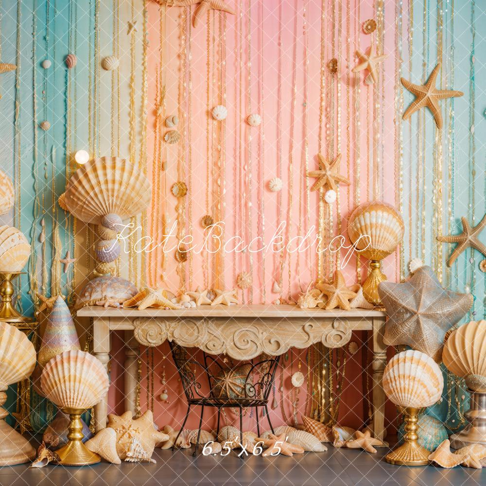 Kate Mermaid Seashell Starfish Colorful Wall Backdrop Designed by Emetselch - Image 2