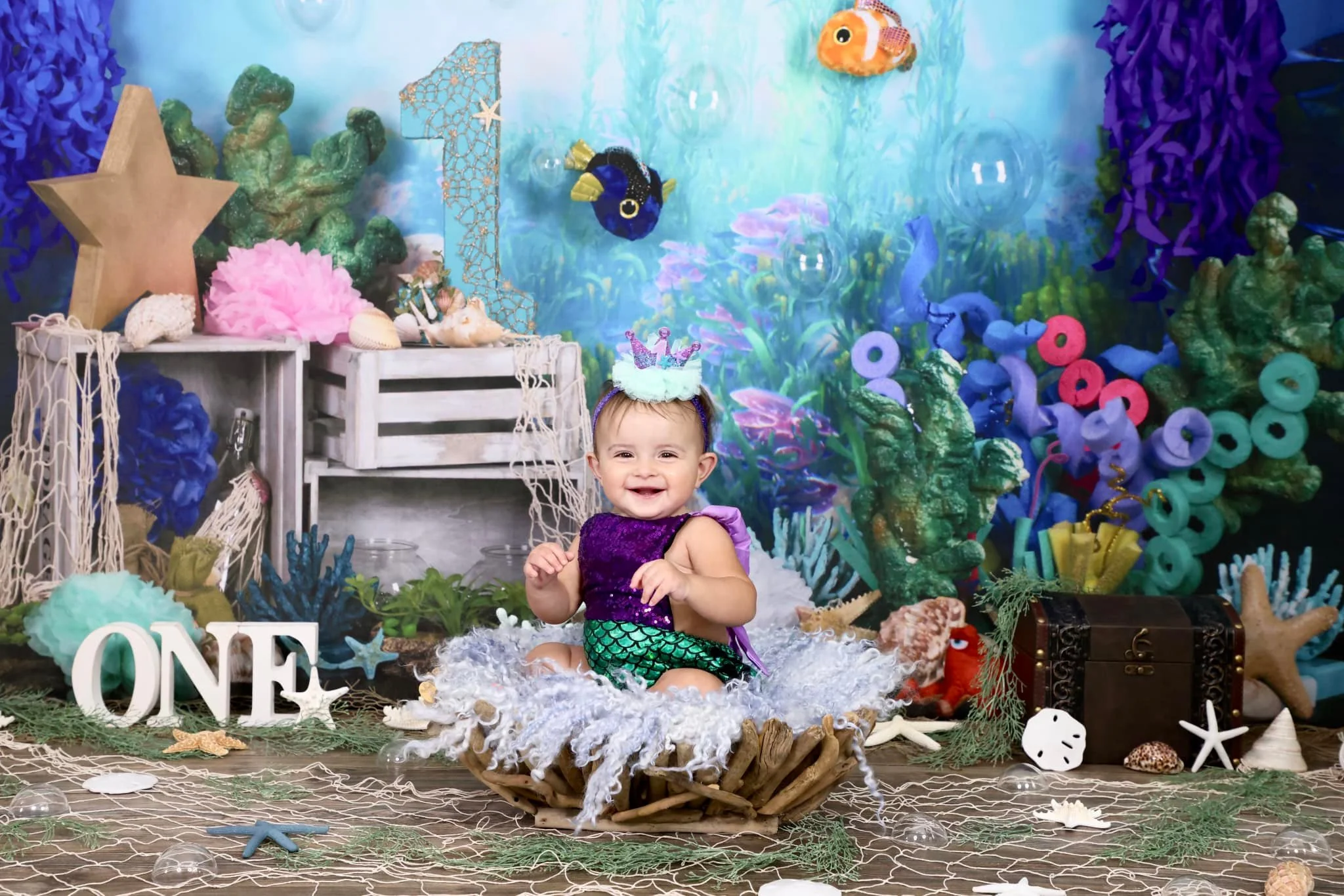 Kate mermaid under sea 1st birthday cake smash backdrop designed by studio gumot - Image 4
