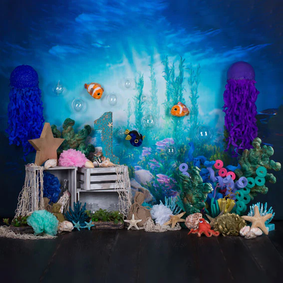 Kate mermaid under sea 1st birthday cake smash backdrop designed by studio gumot - Image 7