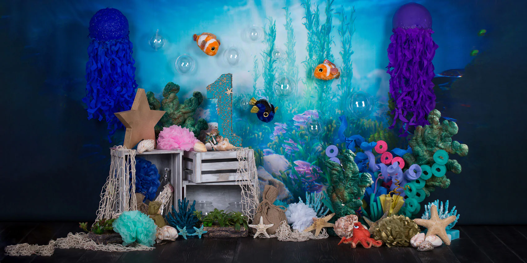 Kate mermaid under sea 1st birthday cake smash backdrop designed by studio gumot - Image 8