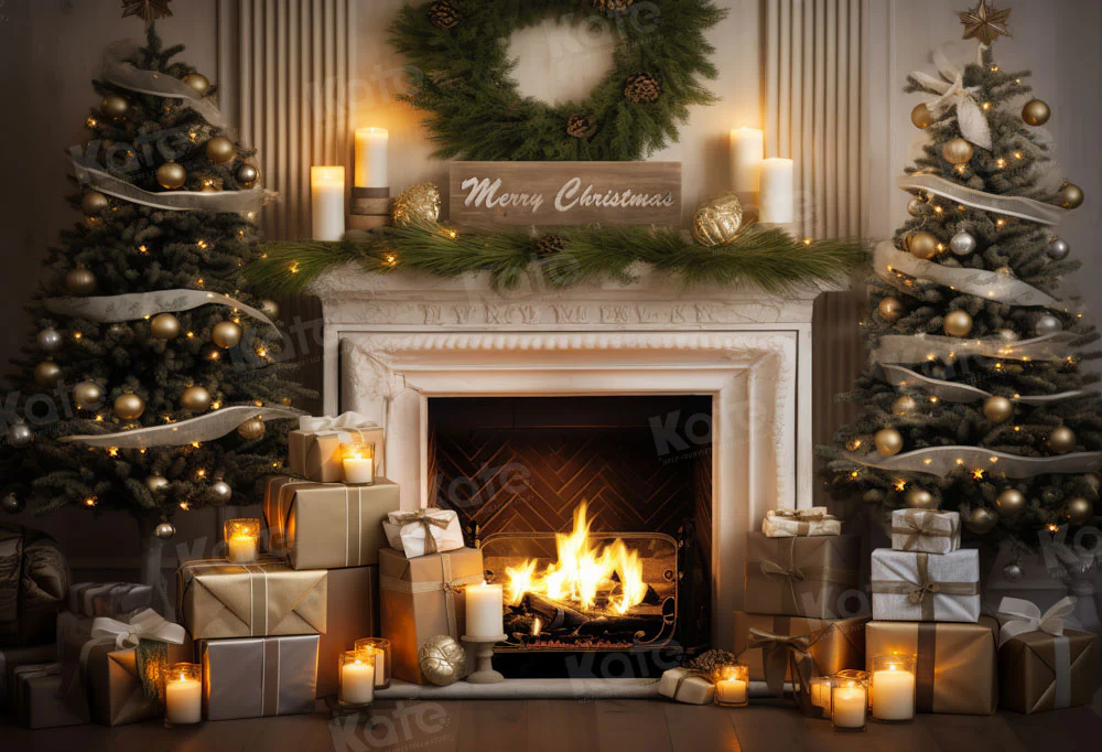 Kate Merry Christmas Fireplace Gift Tree Backdrop Designed by Emetselch - Image 2