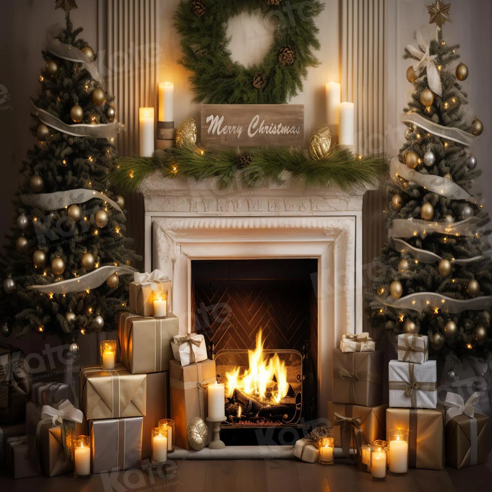 Kate Merry Christmas Fireplace Gift Tree Backdrop Designed by Emetselch - Image 3