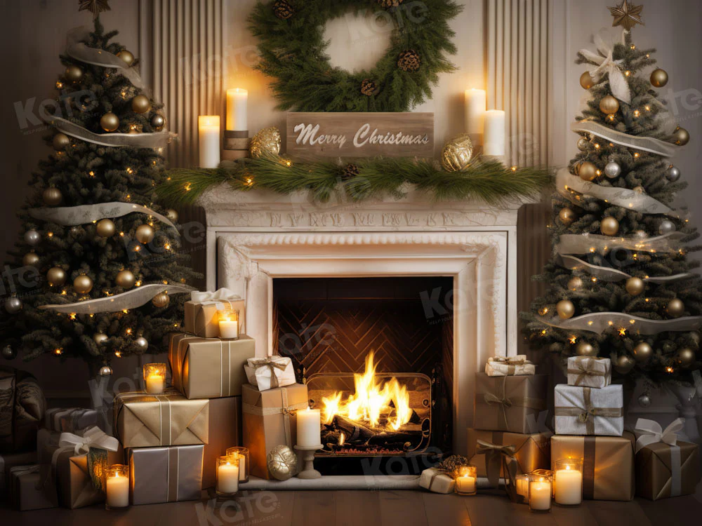 Kate Merry Christmas Fireplace Gift Tree Backdrop Designed by Emetselch - Image 5