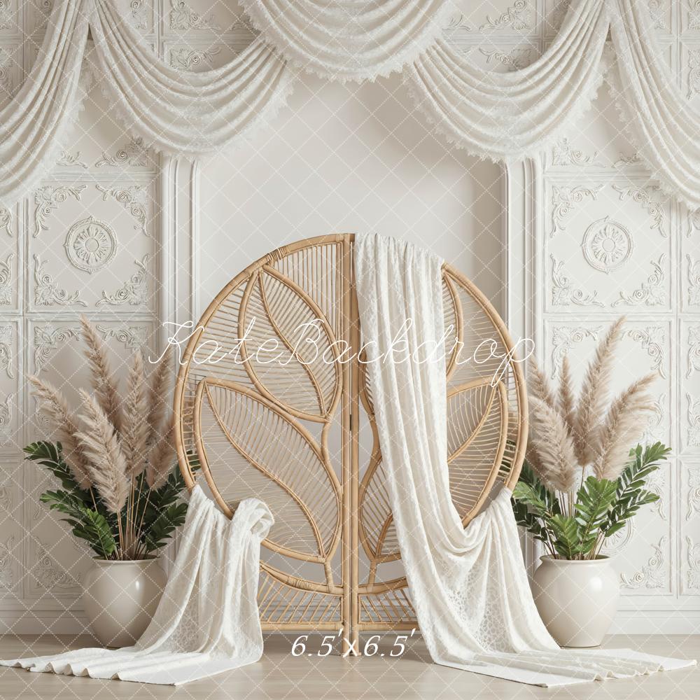 Kate Boho White Drapes Rattan Chair Backdrop Designed by Mini MakeBelieve - Image 2
