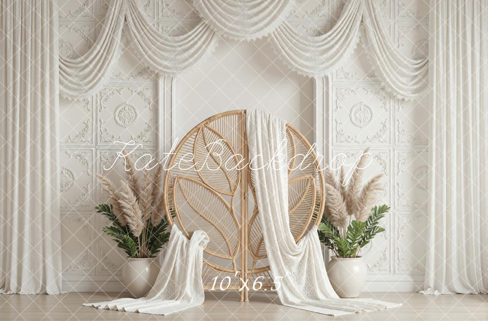 Kate Boho White Drapes Rattan Chair Backdrop Designed by Mini MakeBelieve - Image 4