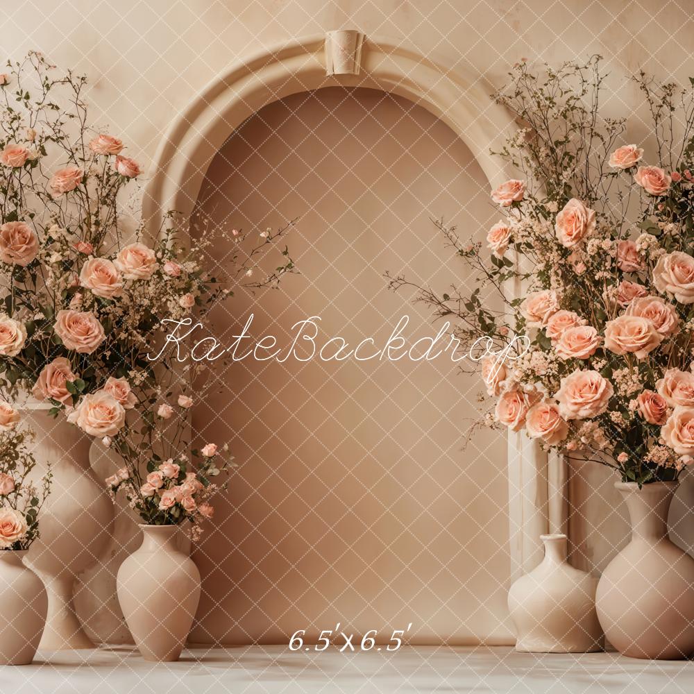 Kate Mother's Day Floral Arch Peach Roses Beige Backdrop Designed by Emetselch - Image 3