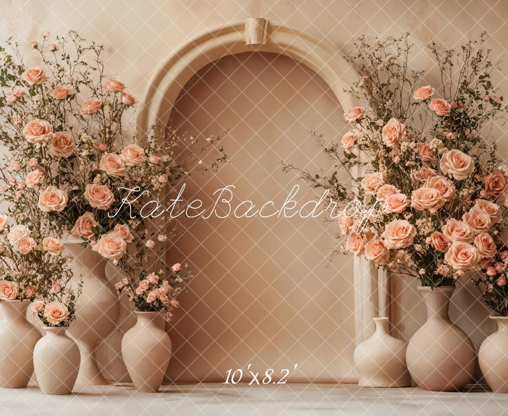 Kate Mother's Day Floral Arch Peach Roses Beige Backdrop Designed by Emetselch - Image 4