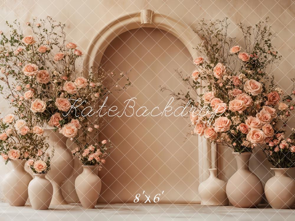 Kate Mother's Day Floral Arch Peach Roses Beige Backdrop Designed by Emetselch - Image 6