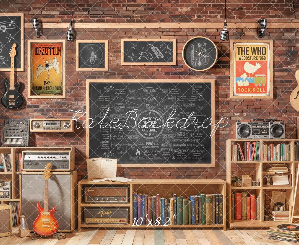 Kate Music Classroom Brick Wall Chalkboard Guitars Fleece Backdrop Designed by Emetselch - Image 3