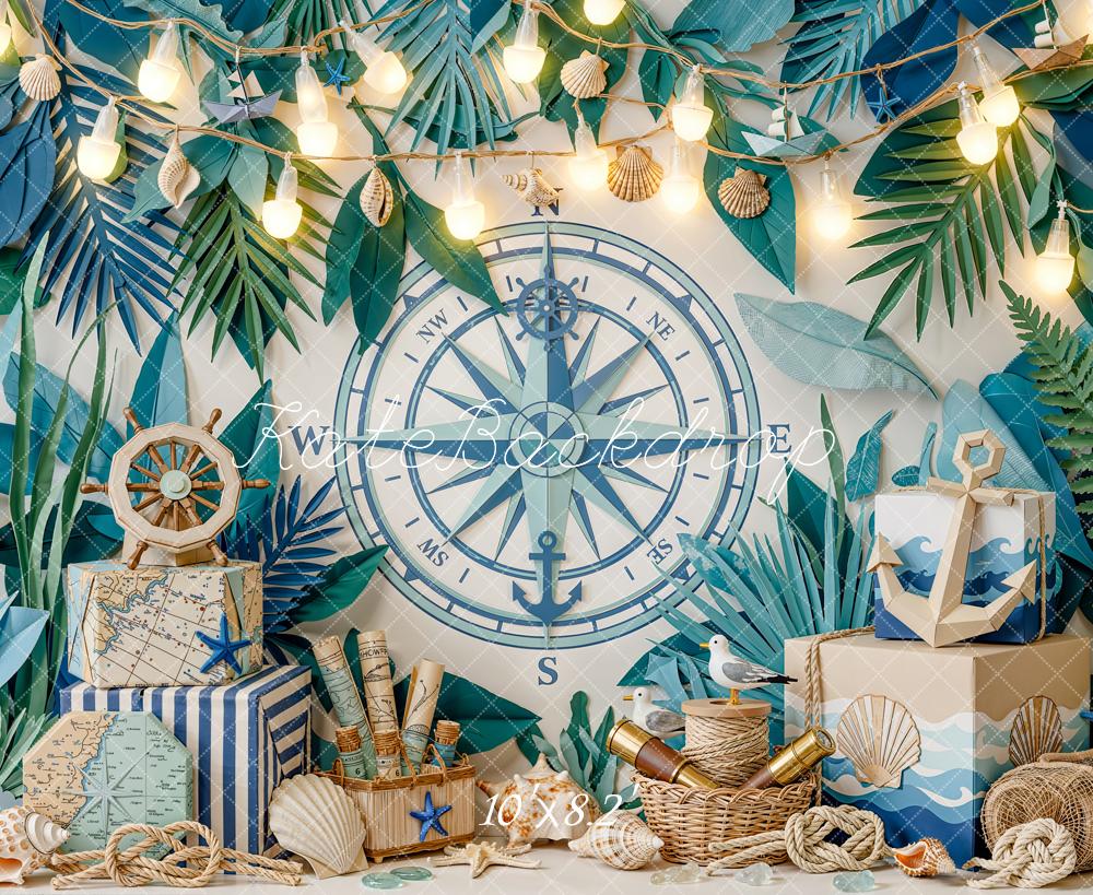 Kate Nautical Compass Anchor Tropical Leaves Fleece Backdrop Designed by Emetselch - Image 3