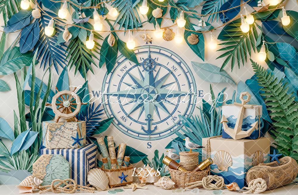 Kate Nautical Compass Anchor Tropical Leaves Fleece Backdrop Designed by Emetselch - Image 4