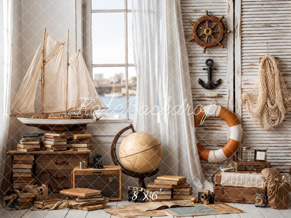 Kate Nautical Sailboat Lifebuoy Globe Vintage Backdrop Designed by Emetselch - Image 3