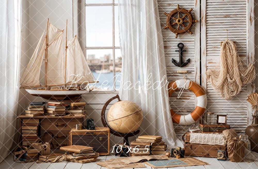Kate Nautical Sailboat Lifebuoy Globe Vintage Backdrop Designed by Emetselch - Image 4