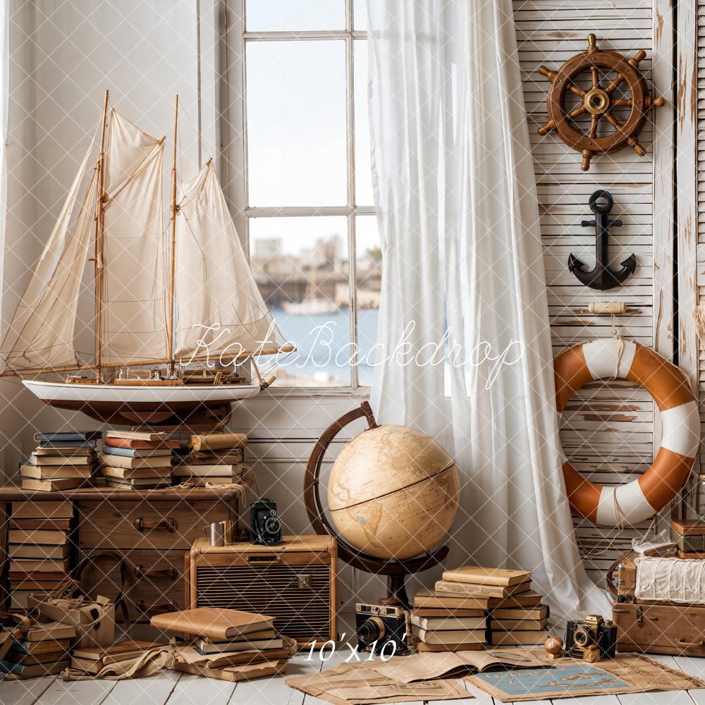 Kate Nautical Sailboat Lifebuoy Globe Vintage Backdrop Designed by Emetselch - Image 7