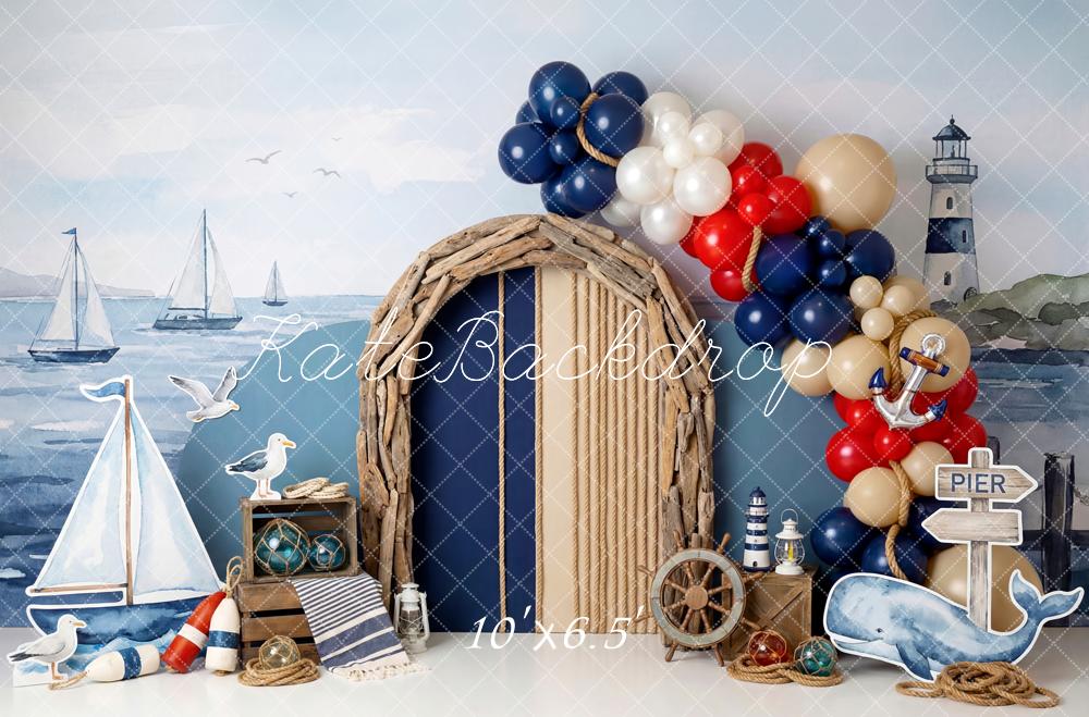 Kate Nautical Sailboats Lighthouse Balloons Fleece Backdrop Designed by Patty Robert - Image 2