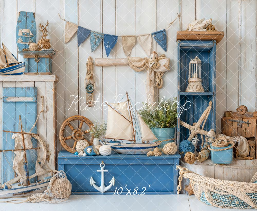 Kate Nautical Sailboats Rope Anchor Blue Fleece Backdrop Designed by Emetselch - Image 3