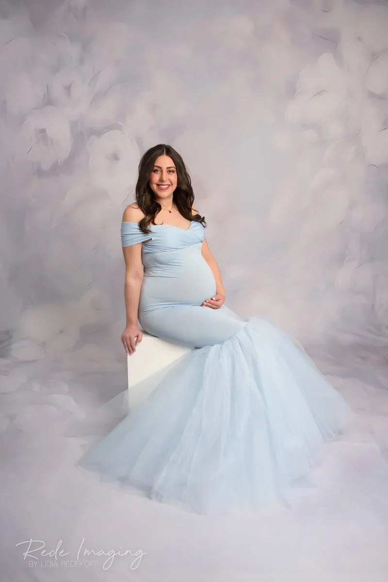 Kate Blue Off Shoulder Satin Maternity Photoshoot Dress - Image 11