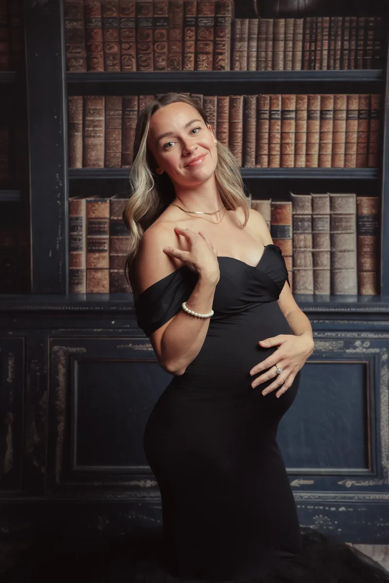 Kate Blue Off Shoulder Satin Maternity Photoshoot Dress - Image 12