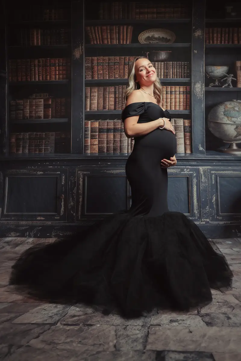 Kate Blue Off Shoulder Satin Maternity Photoshoot Dress - Image 13