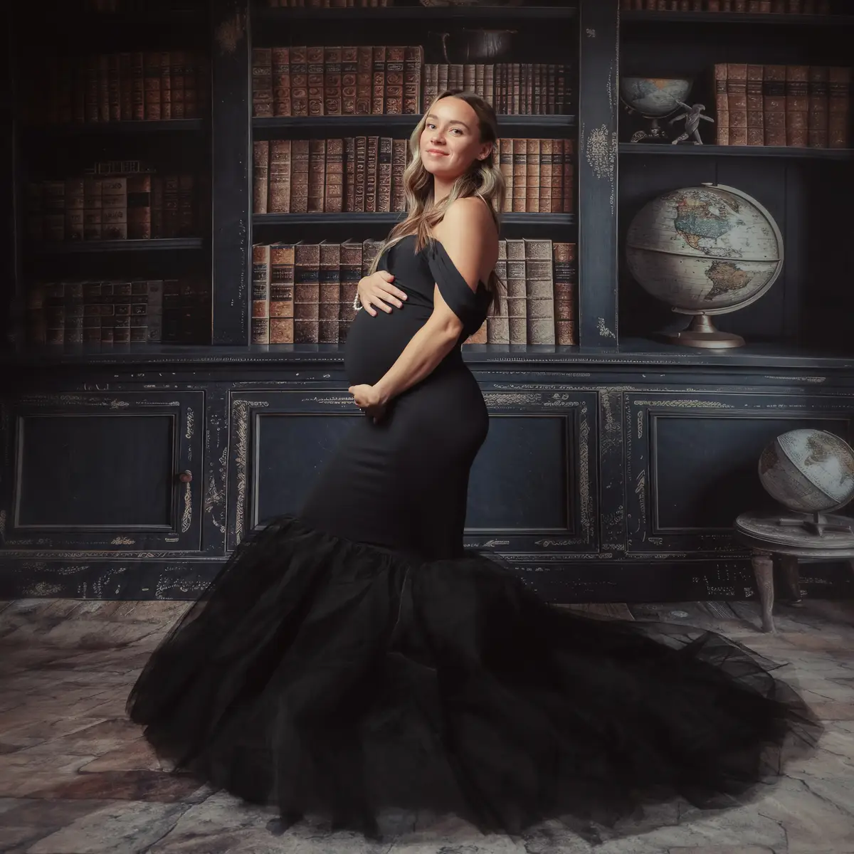 Kate Blue Off Shoulder Satin Maternity Photoshoot Dress - Image 14