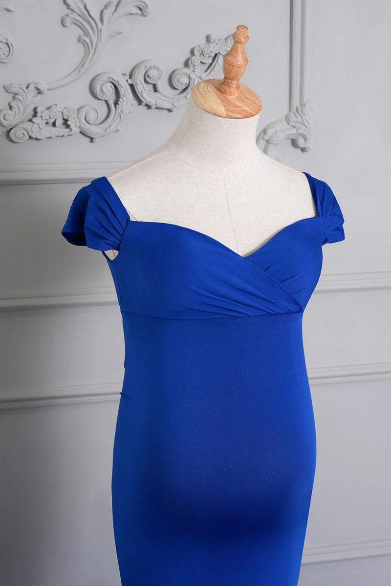 Kate Blue Off Shoulder Satin Maternity Photoshoot Dress - Image 17