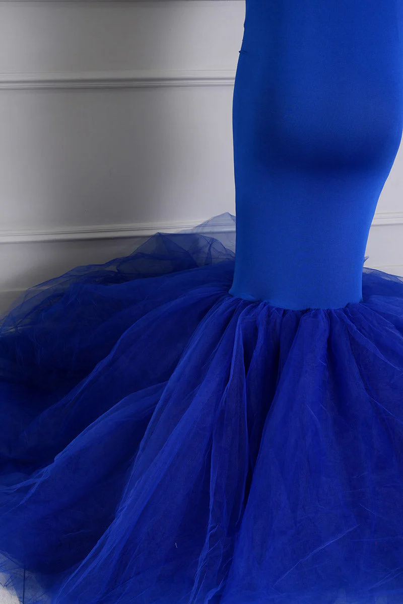 Kate Blue Off Shoulder Satin Maternity Photoshoot Dress - Image 18