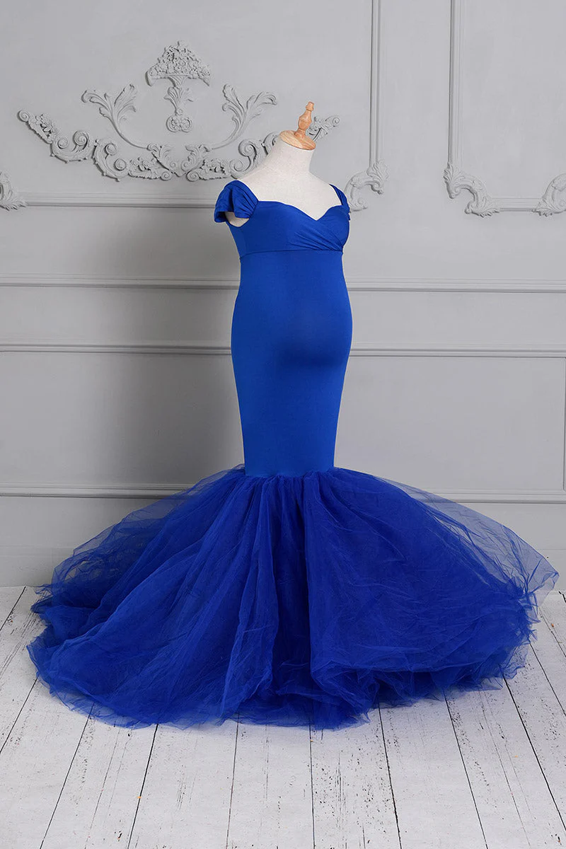 Kate Blue Off Shoulder Satin Maternity Photoshoot Dress - Image 19