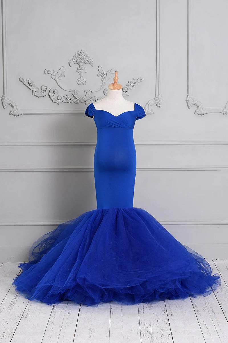 Kate Blue Off Shoulder Satin Maternity Photoshoot Dress - Image 2
