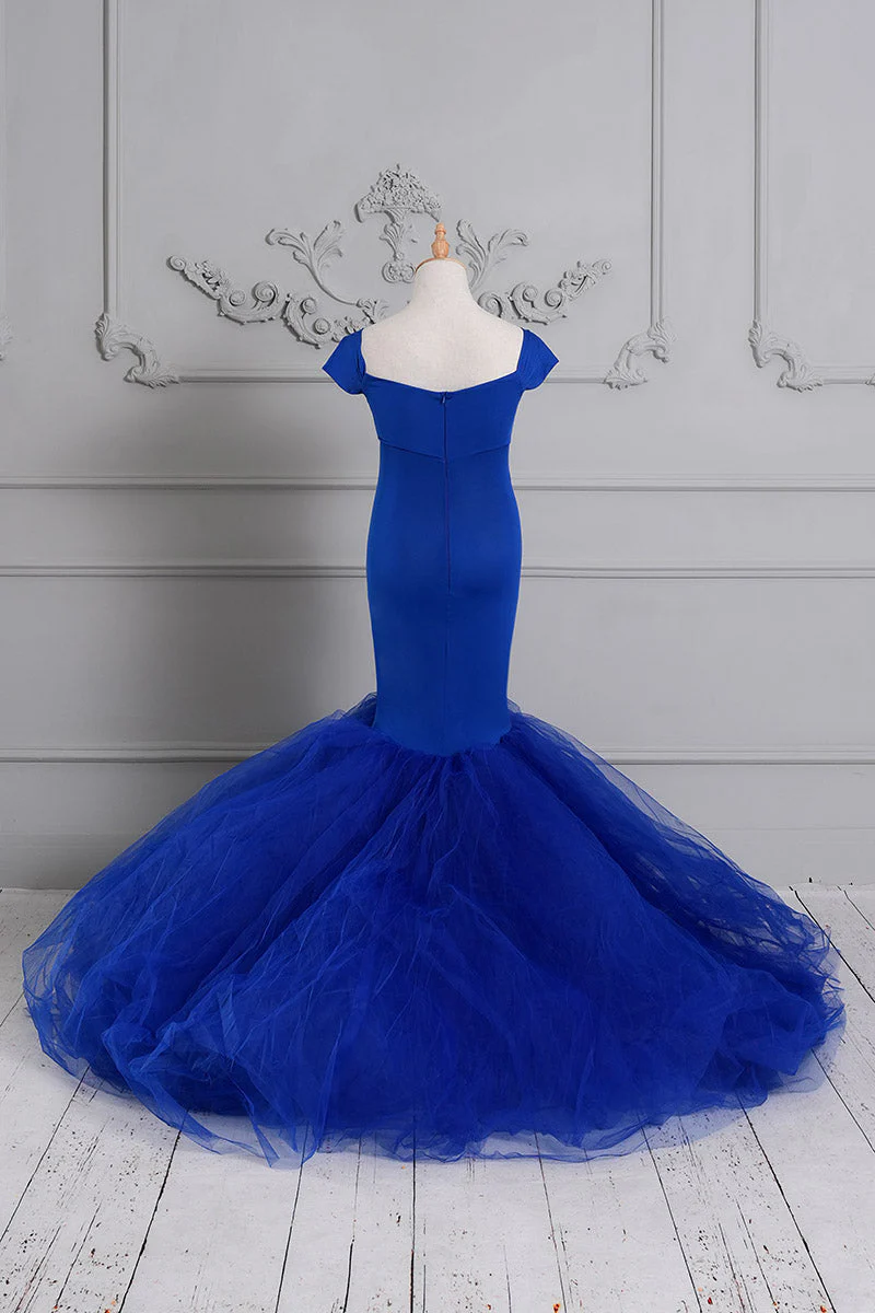 Kate Blue Off Shoulder Satin Maternity Photoshoot Dress - Image 20