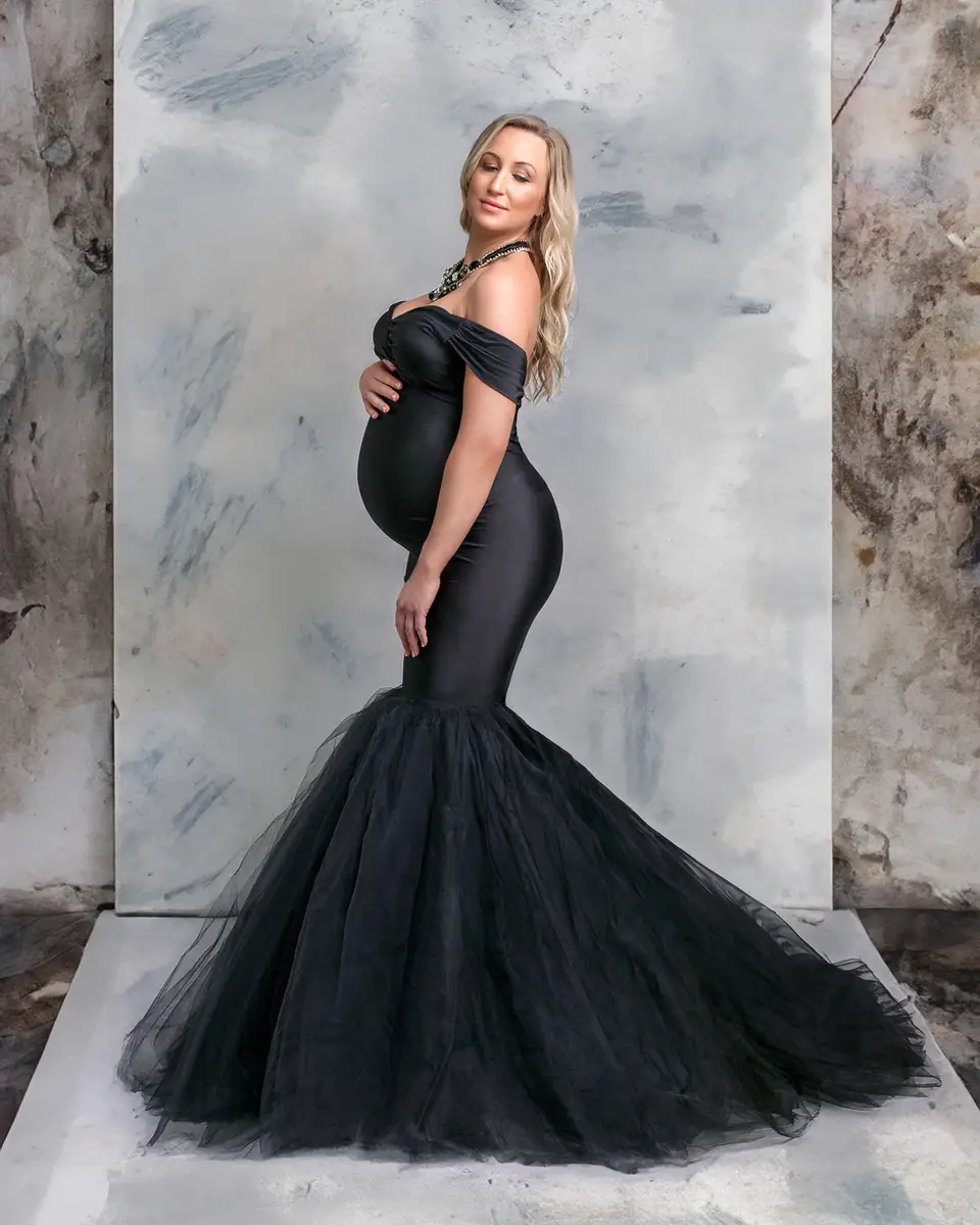 Kate Blue Off Shoulder Satin Maternity Photoshoot Dress - Image 4