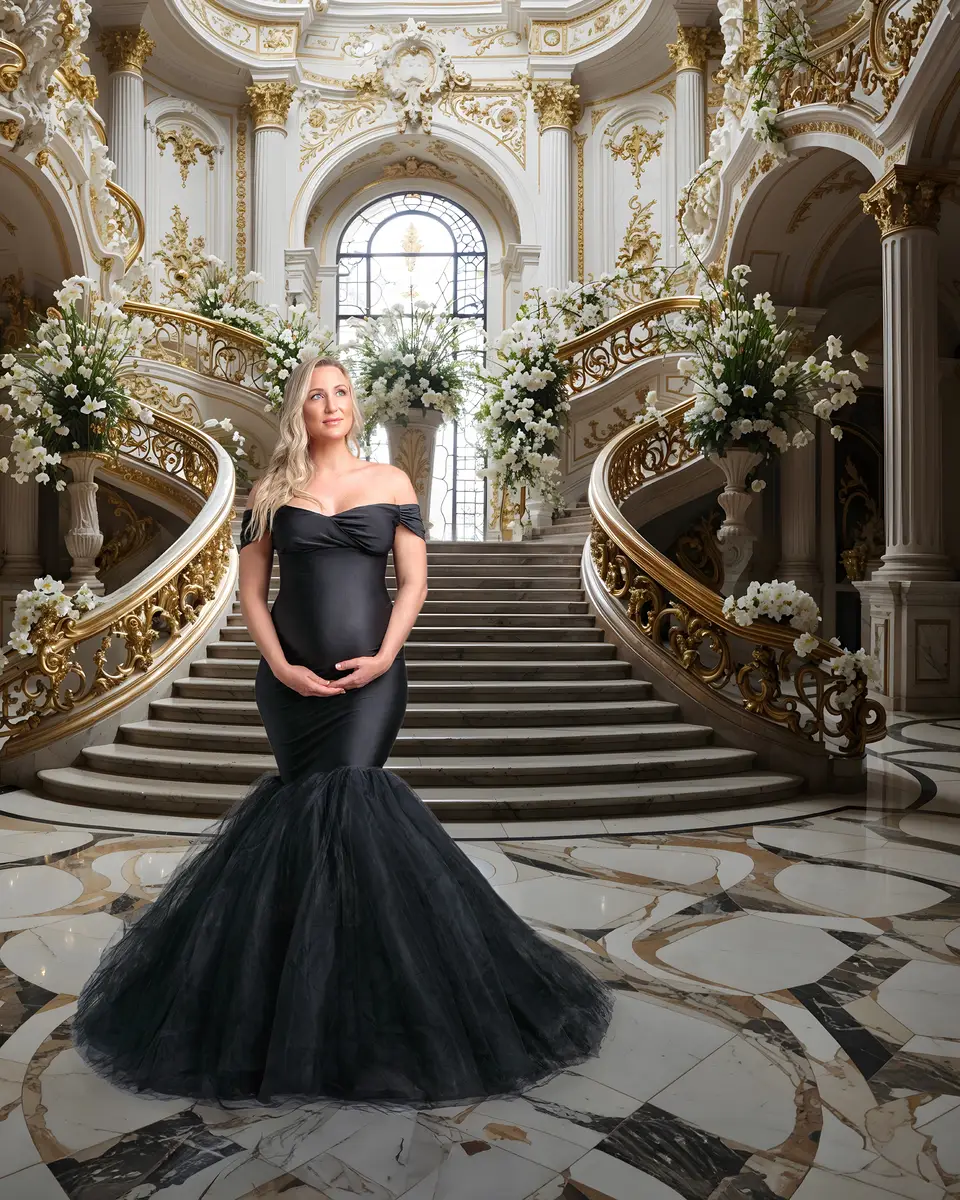 Kate Blue Off Shoulder Satin Maternity Photoshoot Dress - Image 5