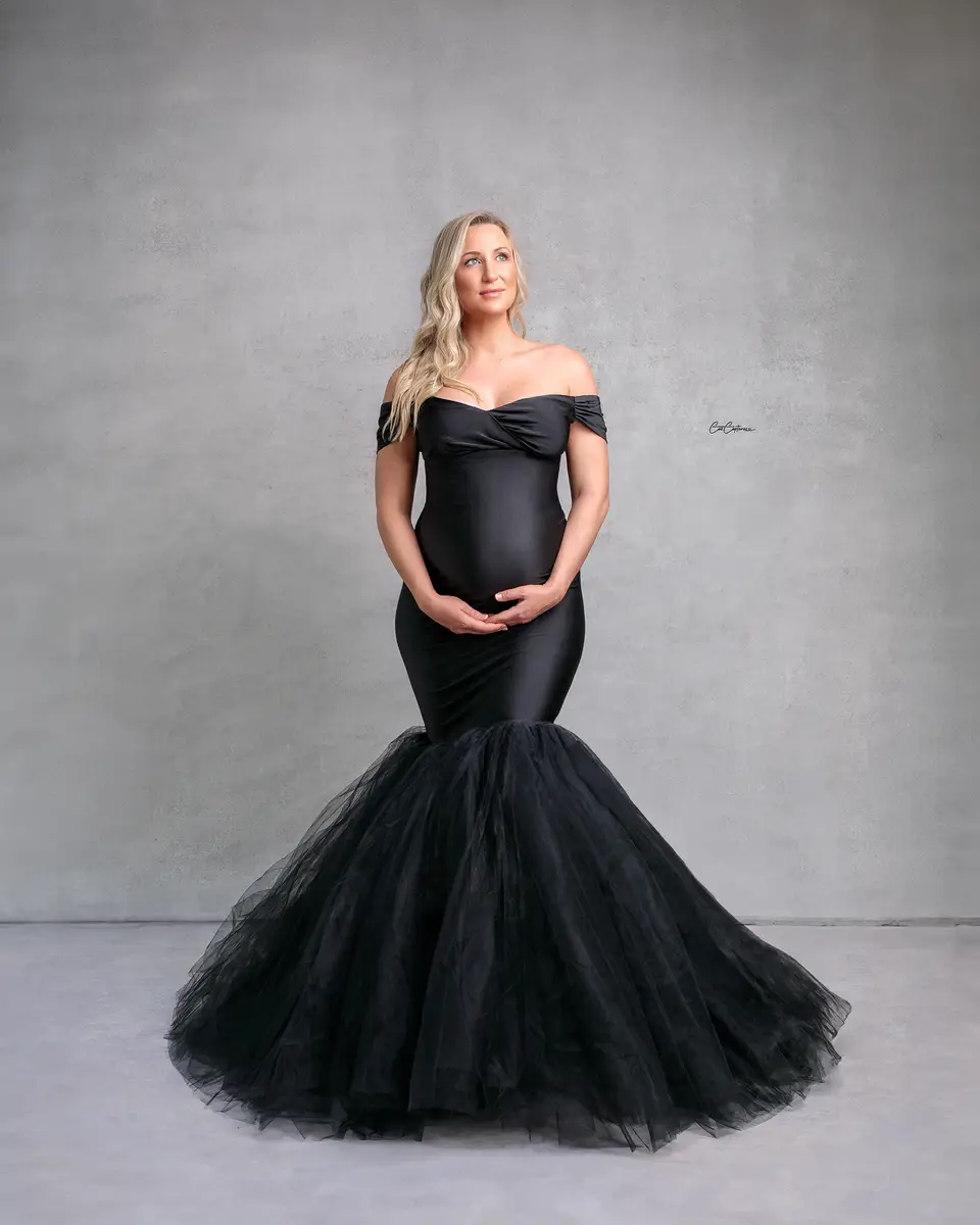 Kate Blue Off Shoulder Satin Maternity Photoshoot Dress - Image 7