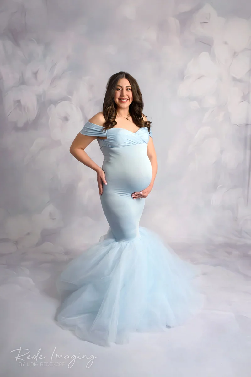 Kate Blue Off Shoulder Satin Maternity Photoshoot Dress - Image 9
