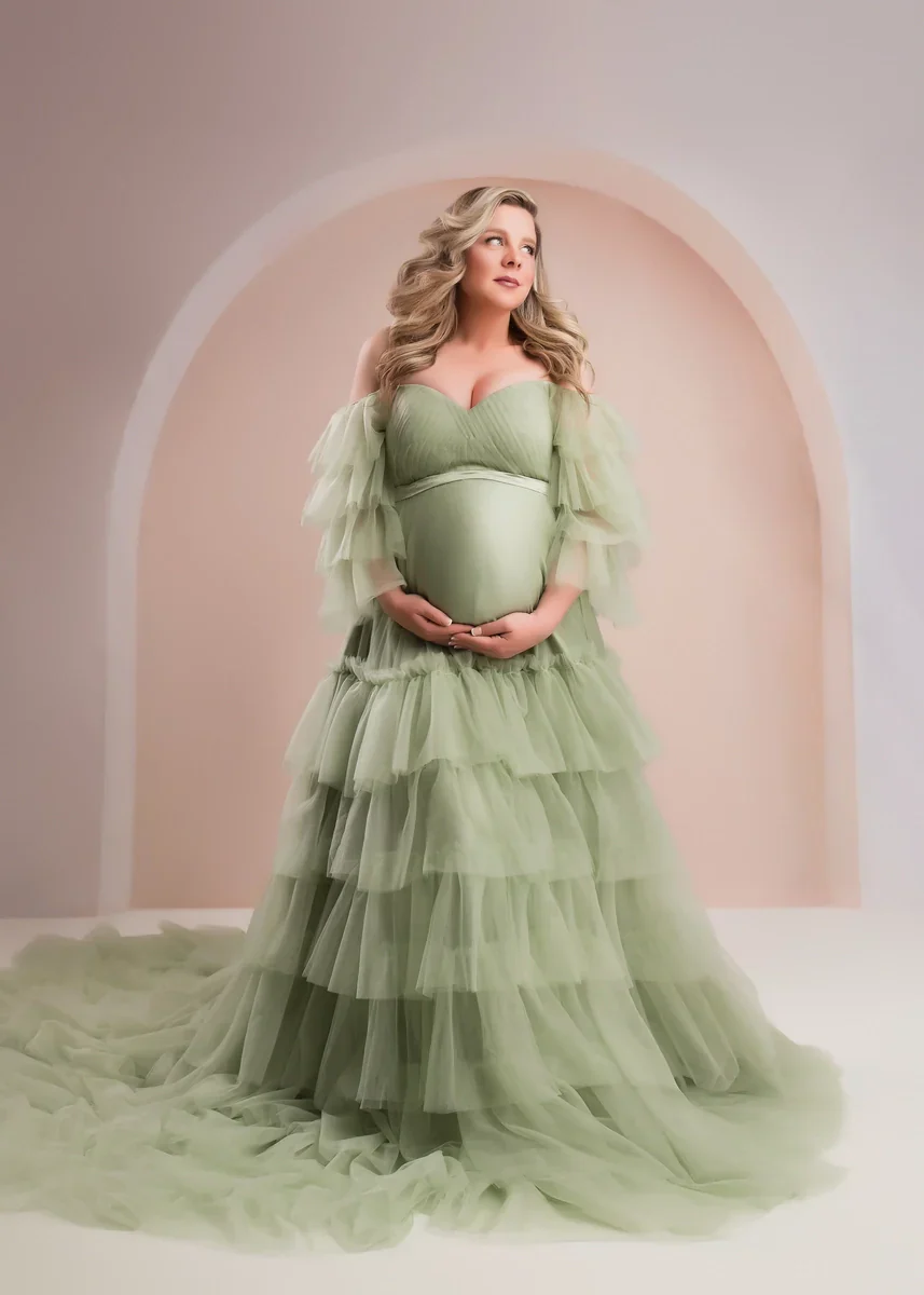 Kate Off Shoulder Pregnancy Mesh Blue Maternity Photoshoot Dress - Image 3