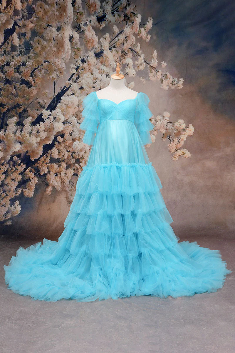 Kate Off Shoulder Pregnancy Mesh Blue Maternity Photoshoot Dress - Image 6