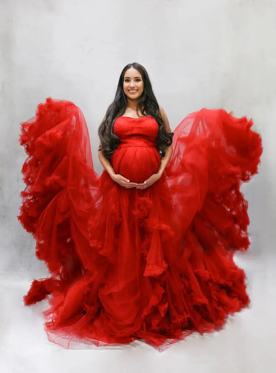 Kate Off Shoulder Mesh Red Maternity Photoshoot Dress - Image 3