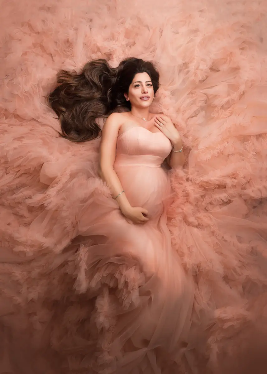 Kate Off Shoulder Mesh Red Maternity Photoshoot Dress - Image 5