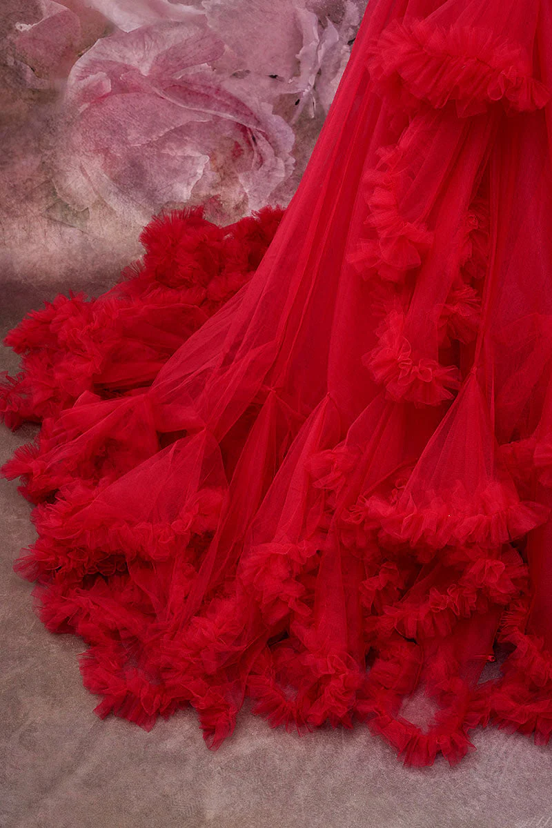 Kate Off Shoulder Mesh Red Maternity Photoshoot Dress - Image 7