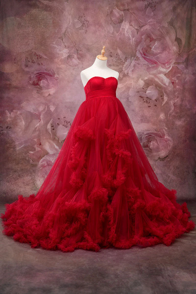 Kate Off Shoulder Mesh Red Maternity Photoshoot Dress - Image 8